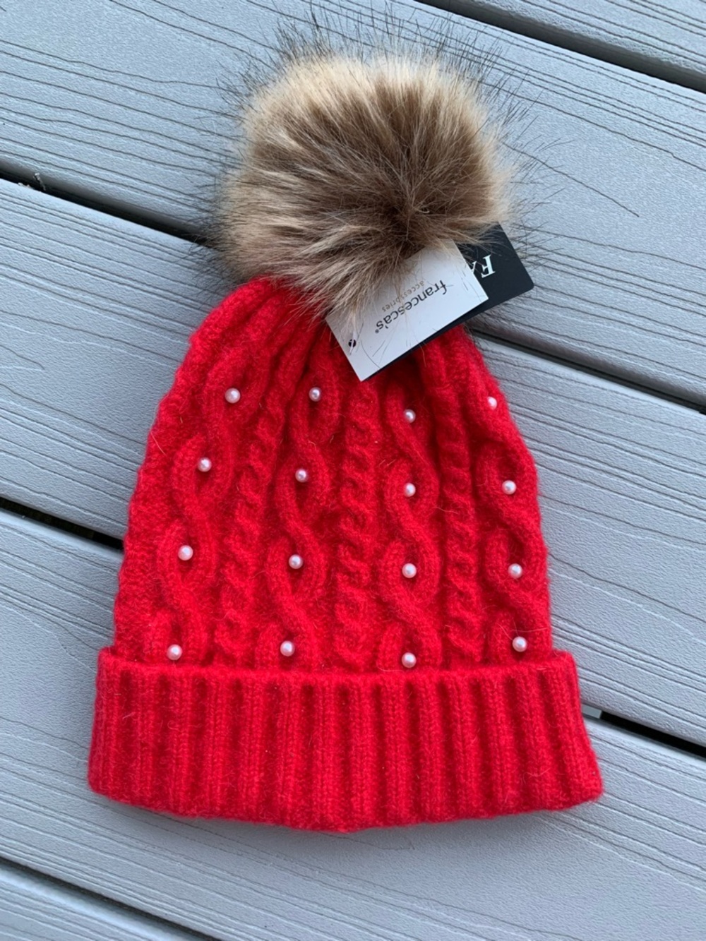 Francesca's Collections Red Cable Knit Beanie with Faux Fur Pom and Pearls
